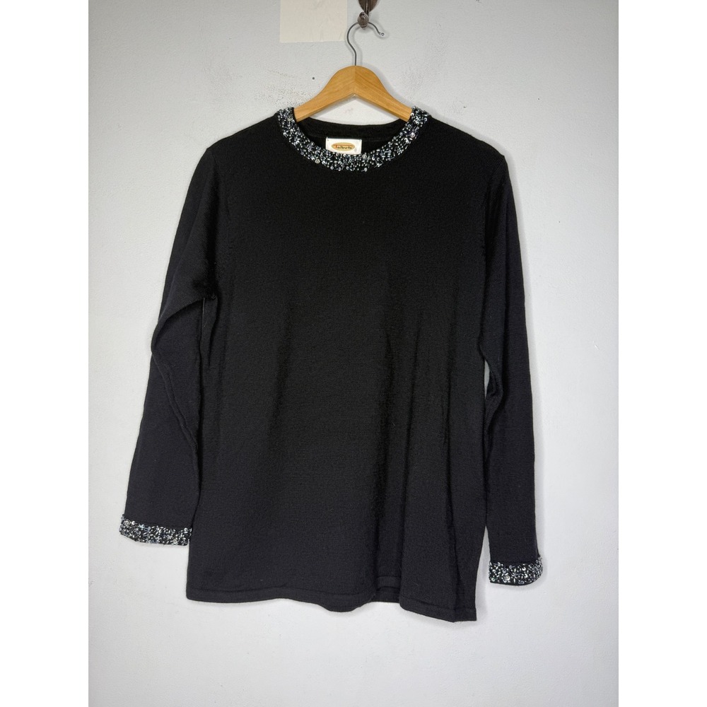 Talbots Womens Black 100% Pure New Wool Beaded Sequin Neckline Sweater Size S